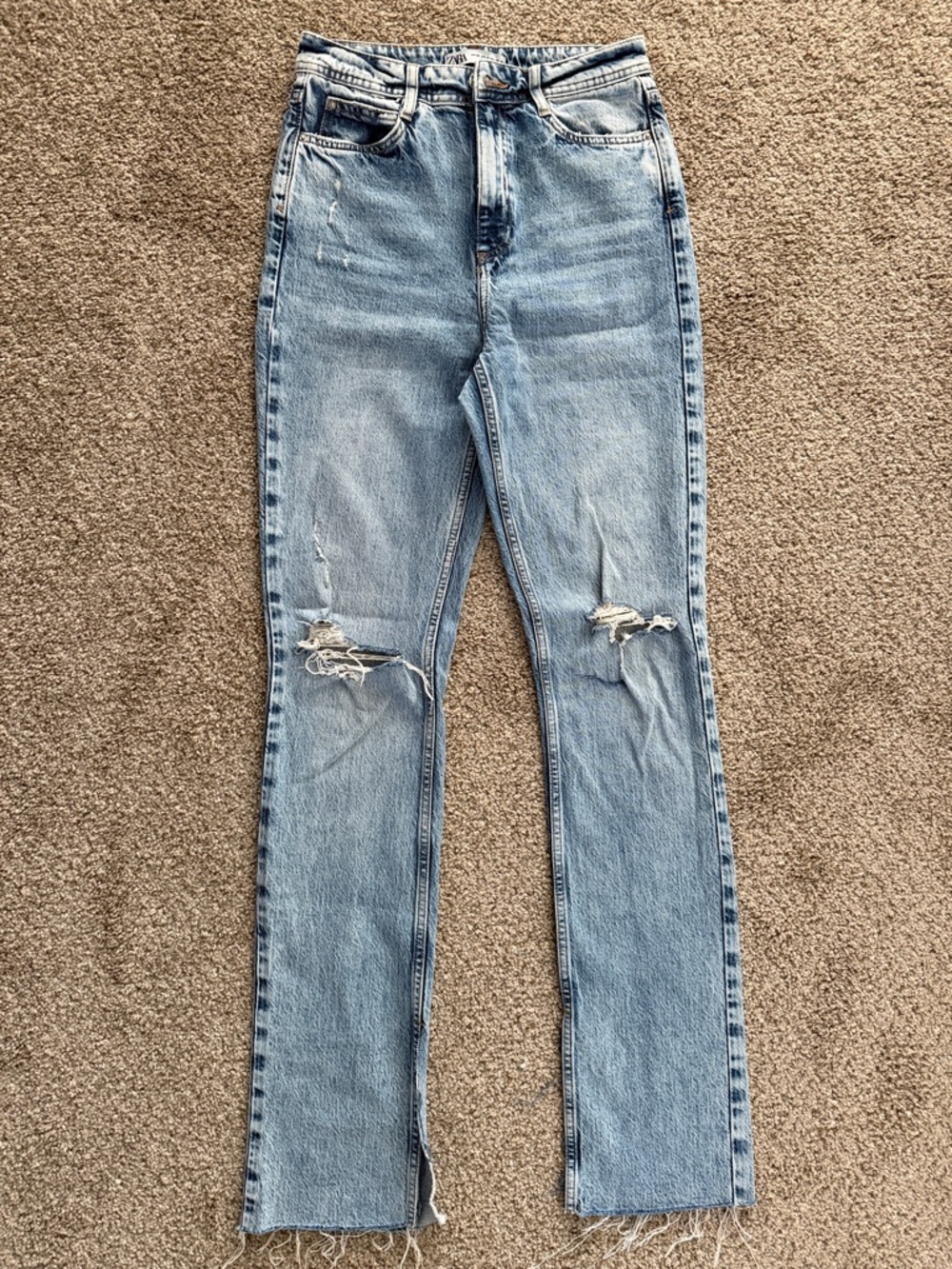 ZARA Light Wash Distressed Straight-Leg Jeans